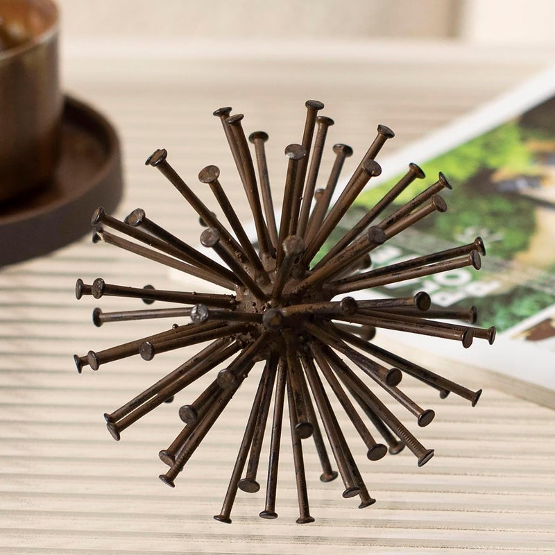 TICKCACY Metal Starburst Sculpture, Spike Tabletop Decorative Sphere, Small Abstract Geometric Urchin Decor Ball, Rusty Iron Table Top Decoration Orb for Home Living Room Bedroom Office Shelf - Image 1